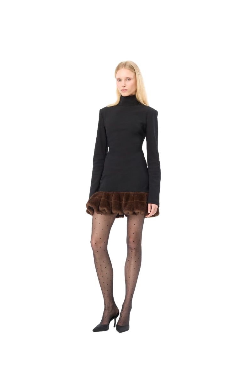 ROTATE LS Faux Fur Trim Dress Kjole Sort