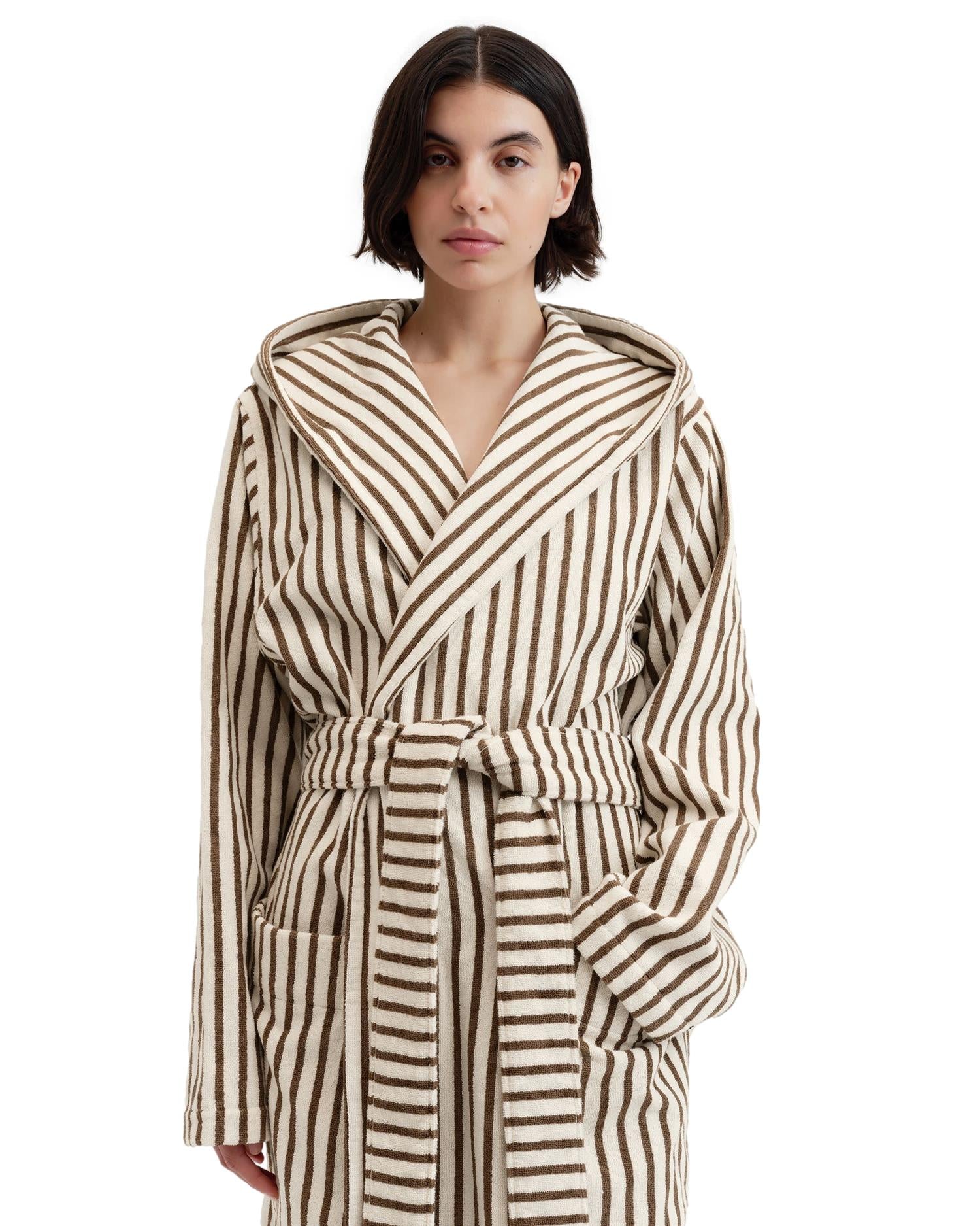 Tekla Hooded Bathrobe Kodiak Stripes Undertøy Morgenkåpe Hvit Og Brun