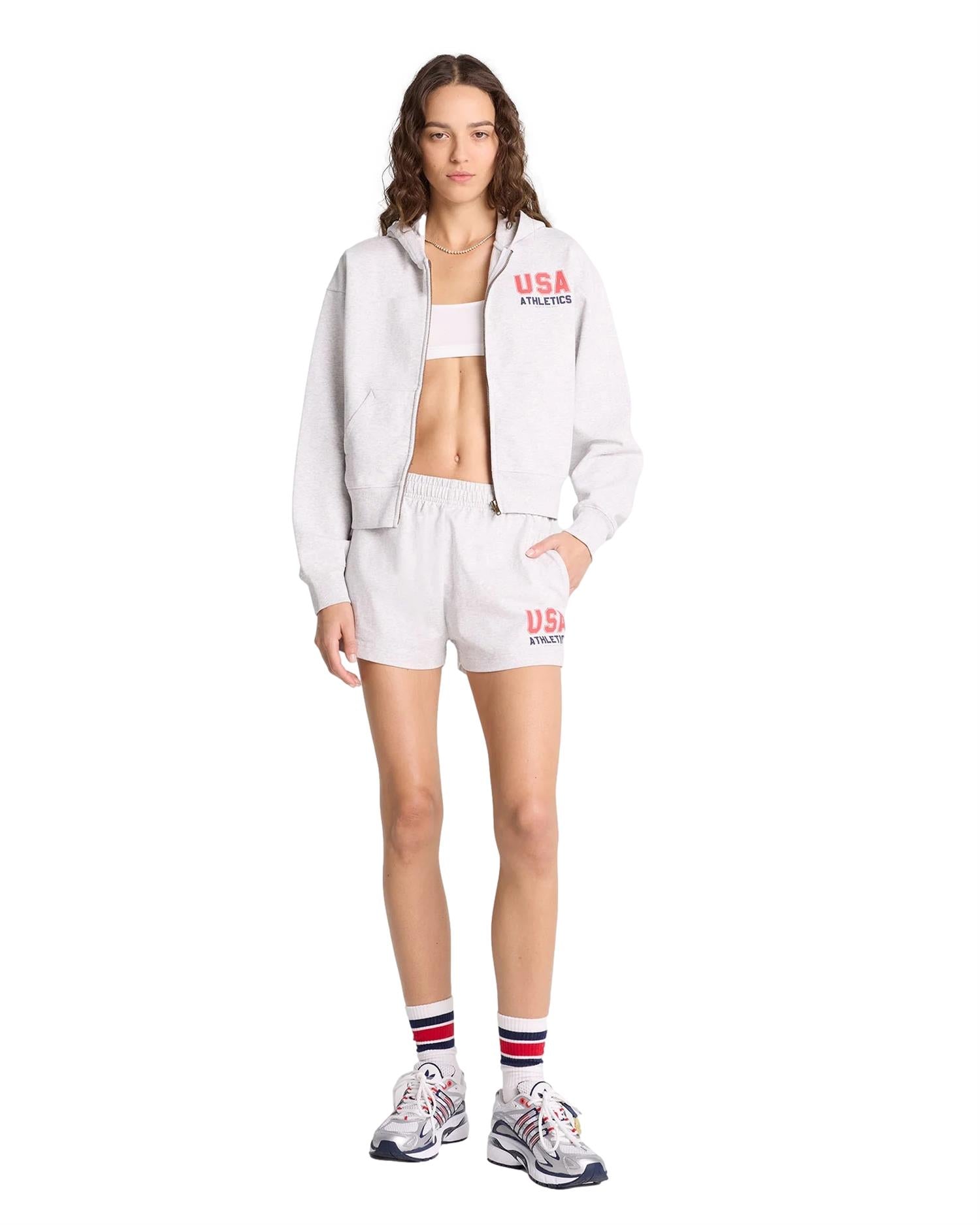 Sporty & Rich USA Athletics Cropped Zip Hoodie Genser Grå - modostore.no