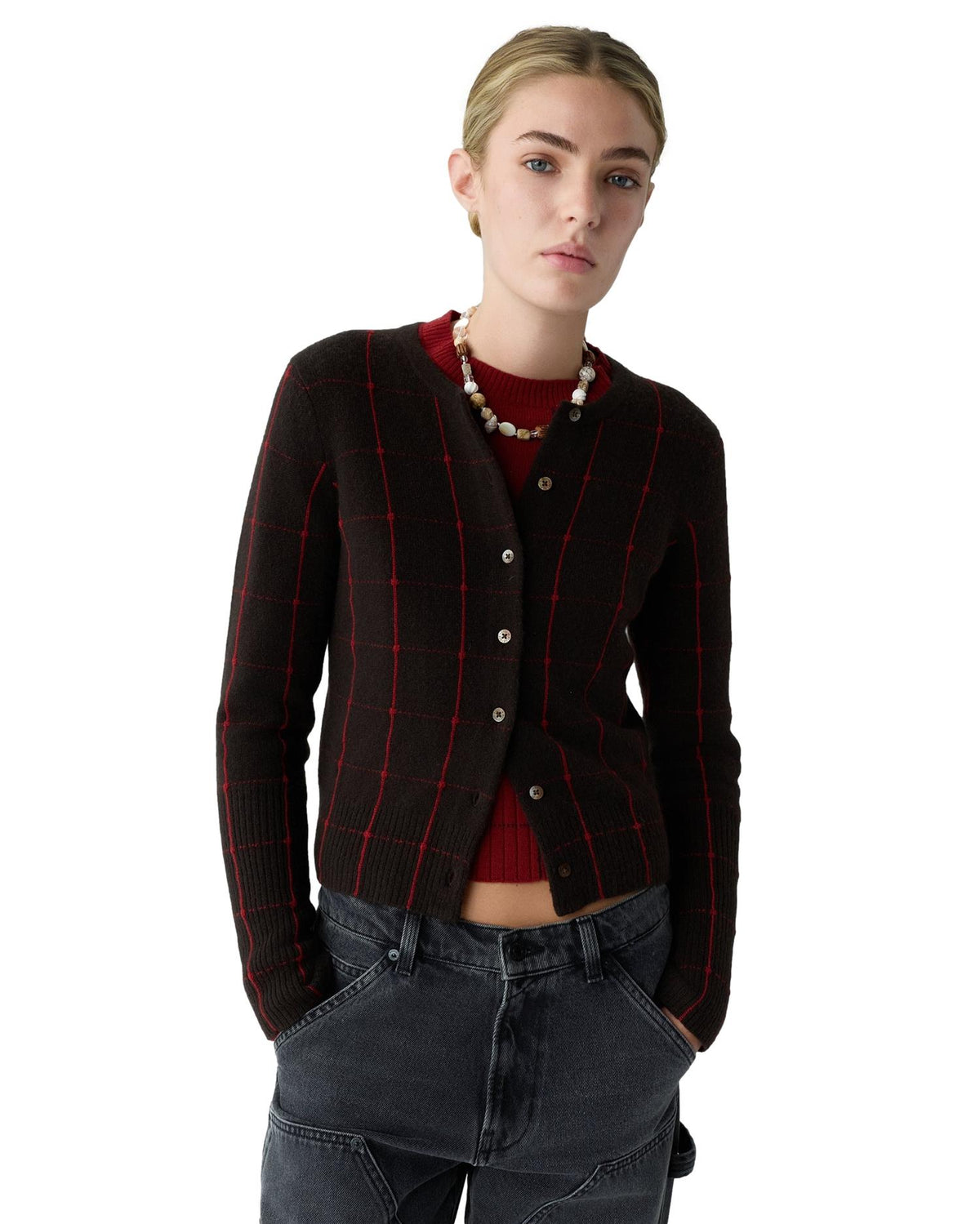 Guest In Residence Jane Checker Cardigan Burnt Cocoa/Carmine Cardigan Brun