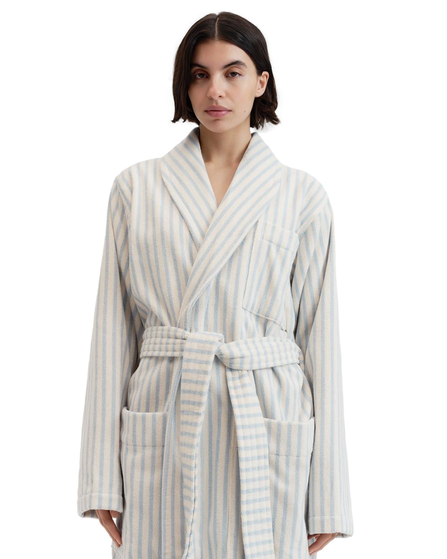 Tekla Terry Classic Bathrobe Soft Blue Stripes Undertøy Morgenkåpe Hvit Og Blå