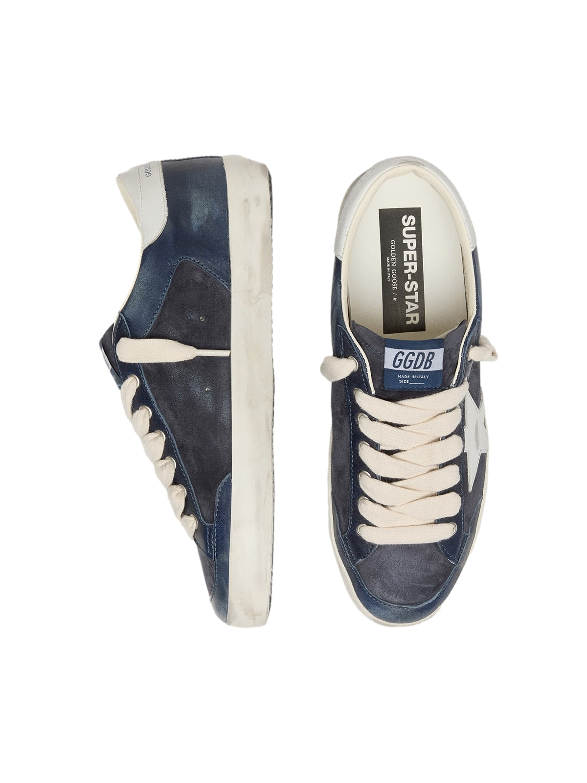 Golden Goose Super-Star dobbeltsko i mørkeblå, casual sneakers med hvite detaljer og logo på sidene.
