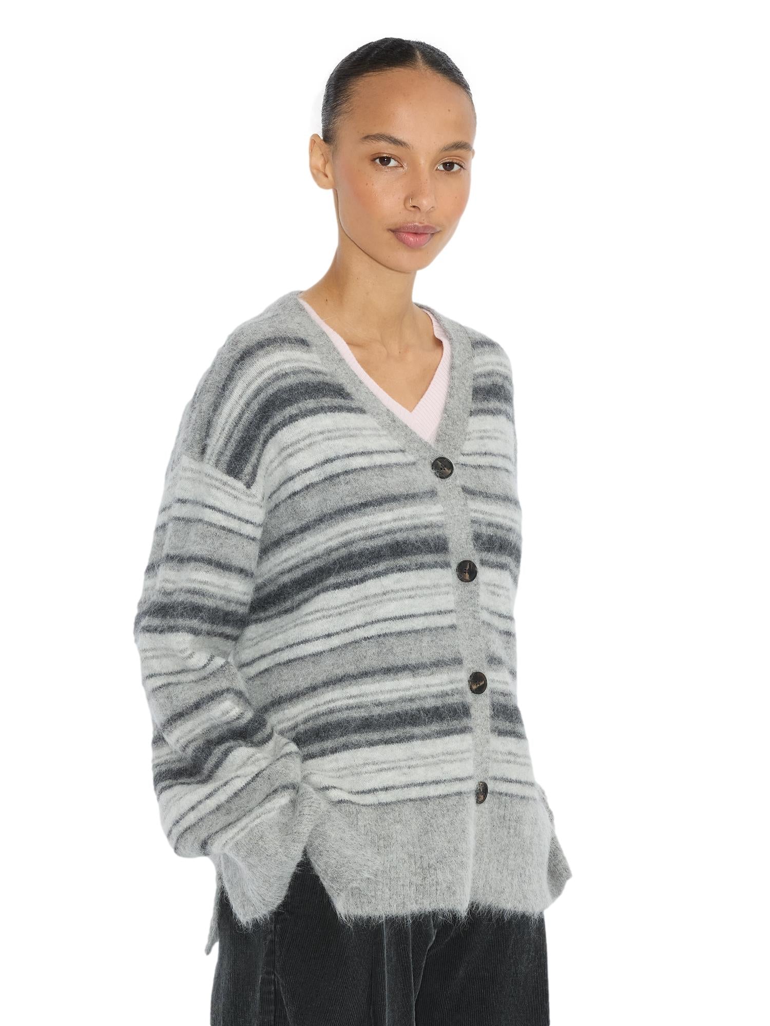 Holzweiler Fluffy Stripe Cardigan Cardigan Grå Striper - modostore.no