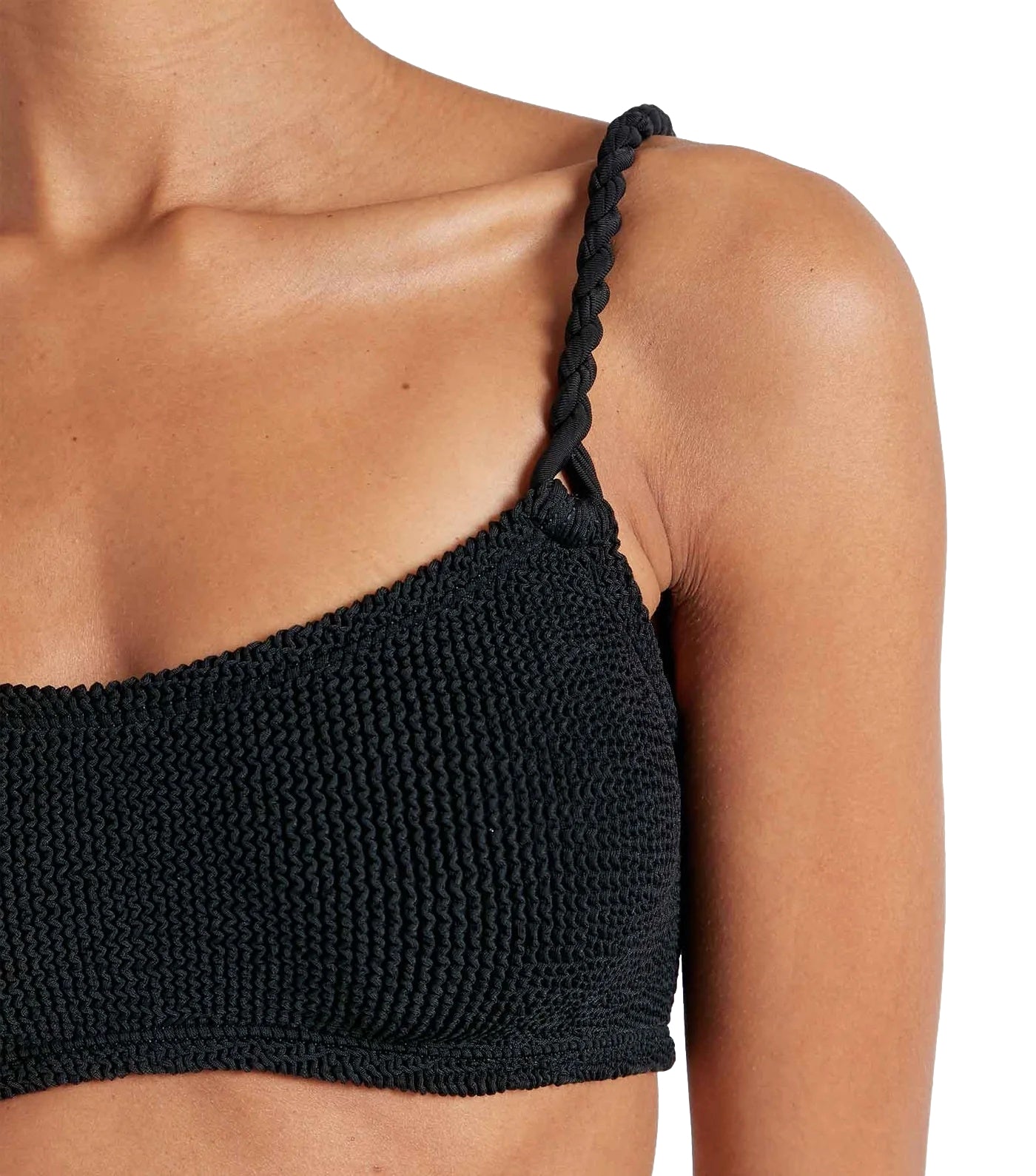 Sort Hunza G Phoebe bikini av elastisk stoff, viser bikini-vest og truse med glatte, enkle designet.