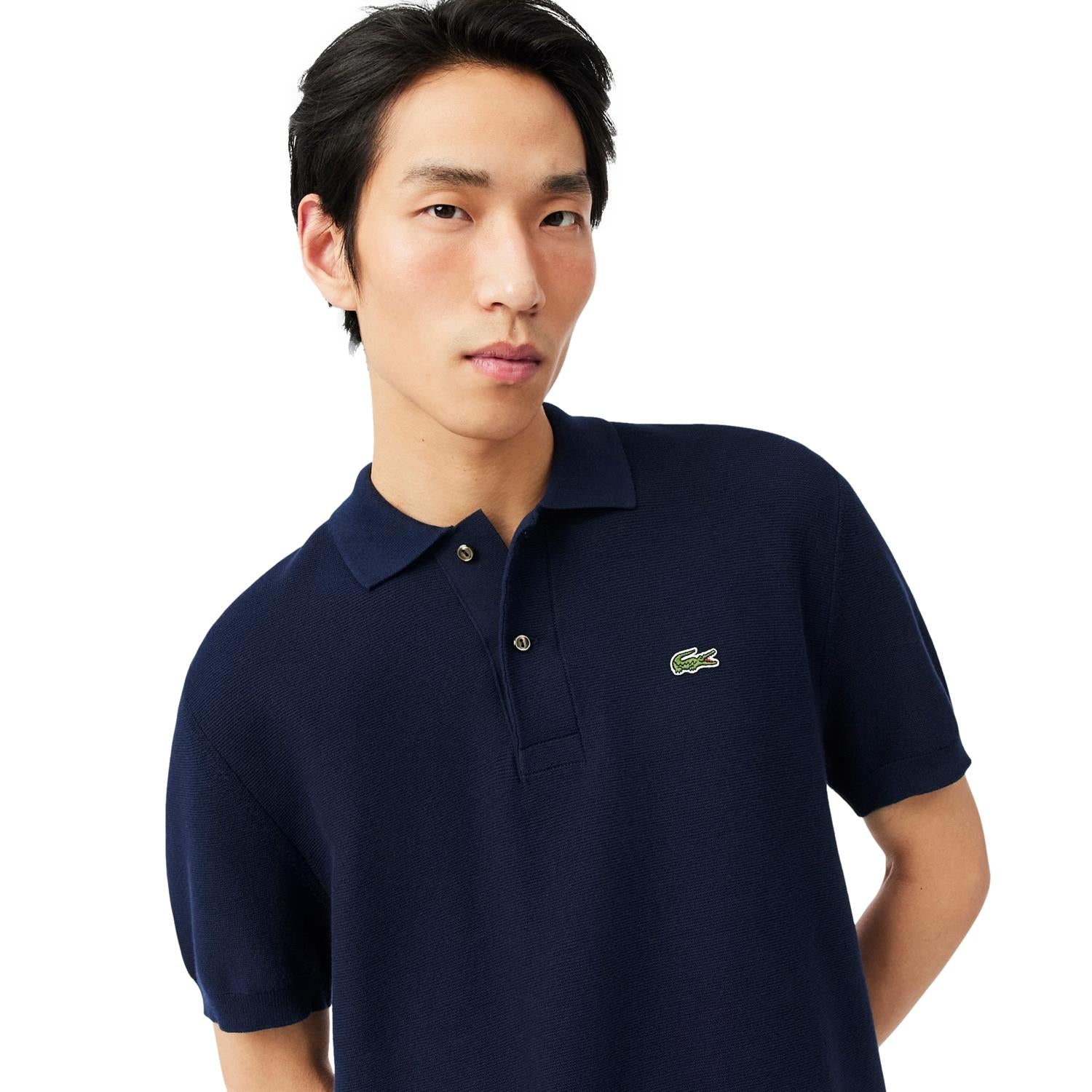 Navy Lacoste klassisk passform strikket polo T-skjorte, myk bomull med krage og knappestolpe, for en tidløs, elegant stil