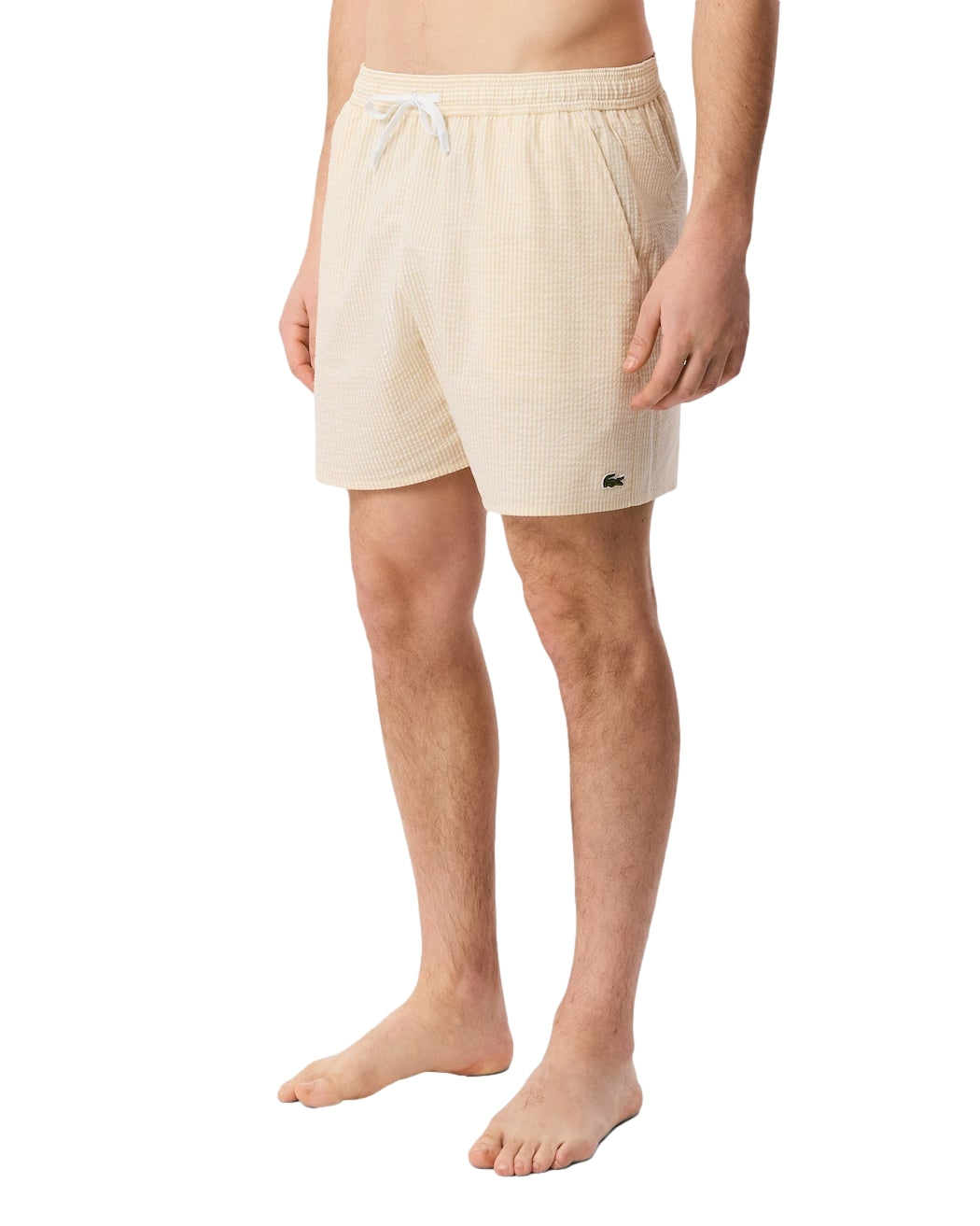 Lacoste Mid Lengths Striped Textured Swim Trunks Badetøy Hvit Og Gul - modostore.no