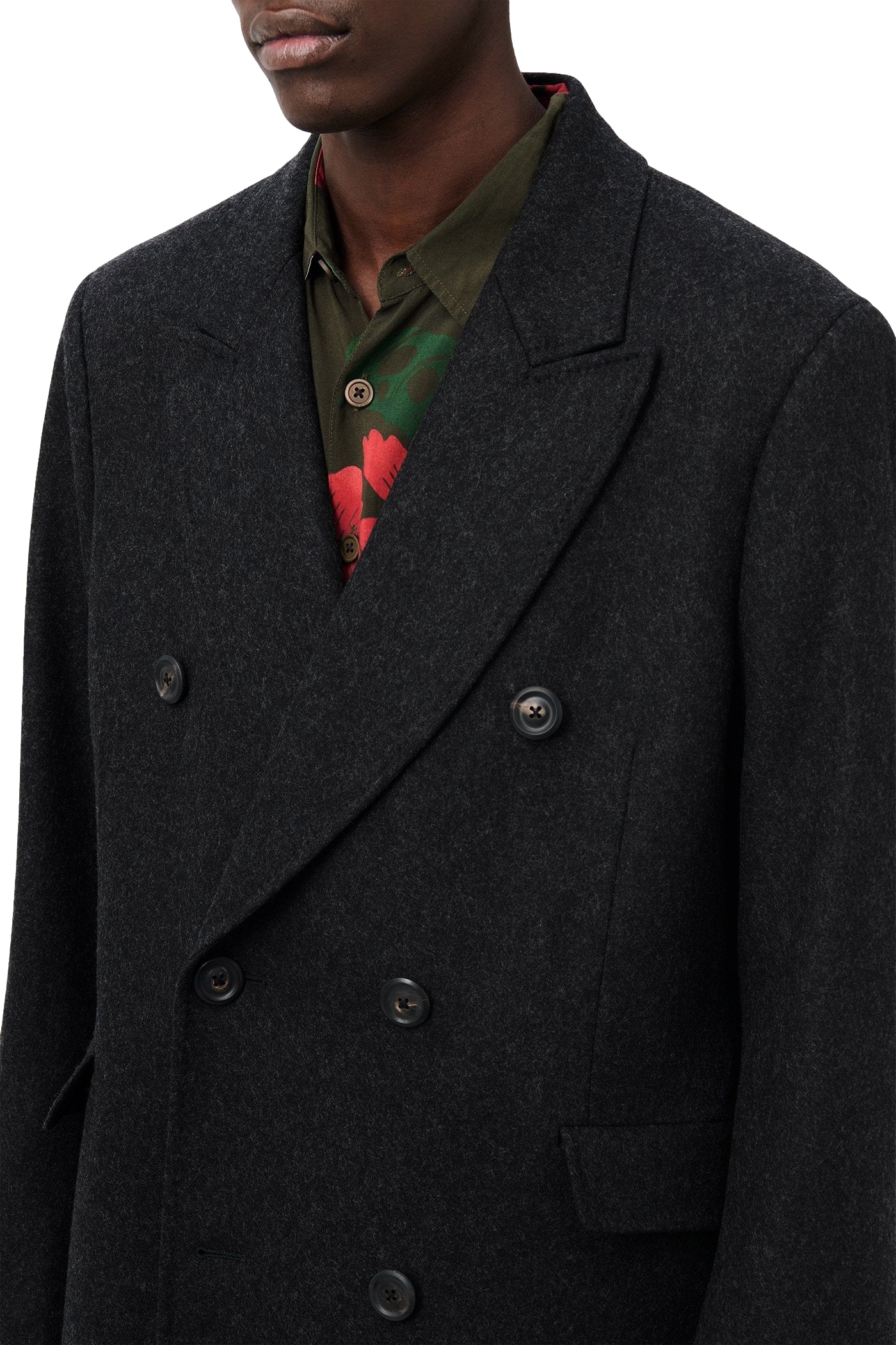 Mørkegrå Our Legacy Whale Coat jakke, varm og stilfull med klassisk design, vist på modell.