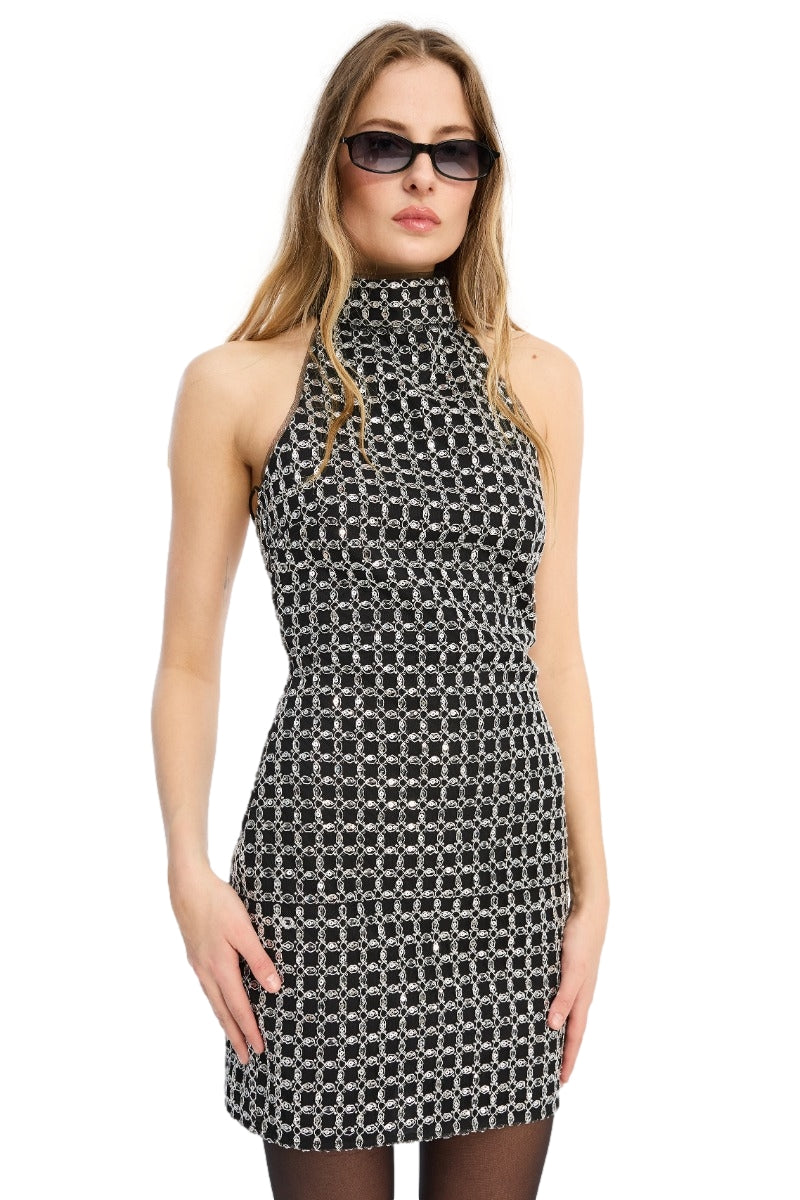 ROTATE Beaded Halterneck Dress Kjole Sort Mønster - modostore.no