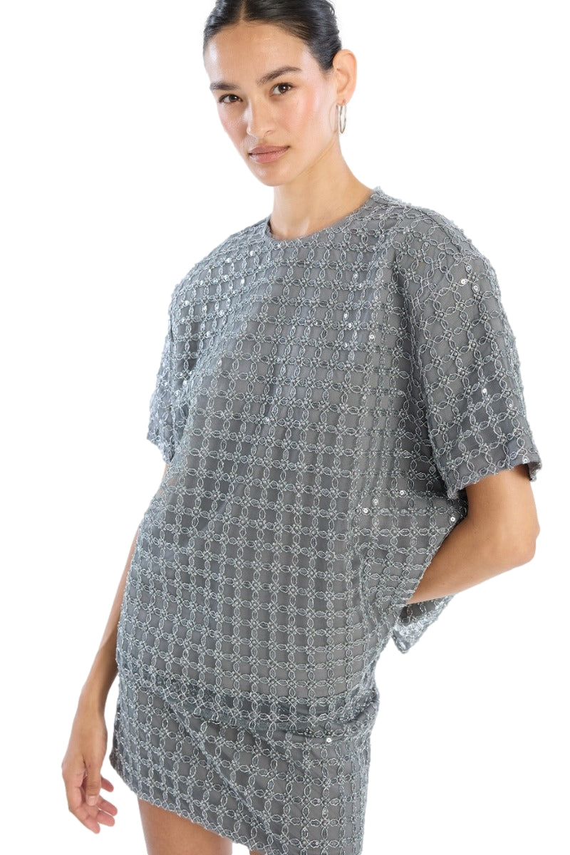 ROTATE Beaded Oversized Top Topp Grå - modostore.no