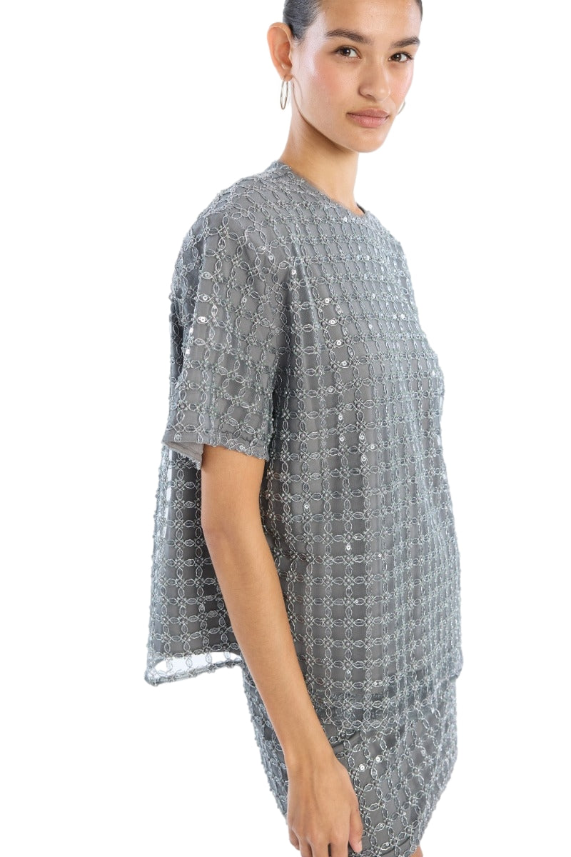 ROTATE Beaded Oversized Top Topp Grå - modostore.no