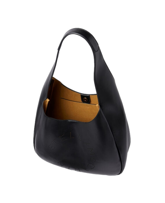 Sort Stella McCartney tote bag i lær med justerbar stropp og romslig hovedrom, perfekt for daglig bruk.