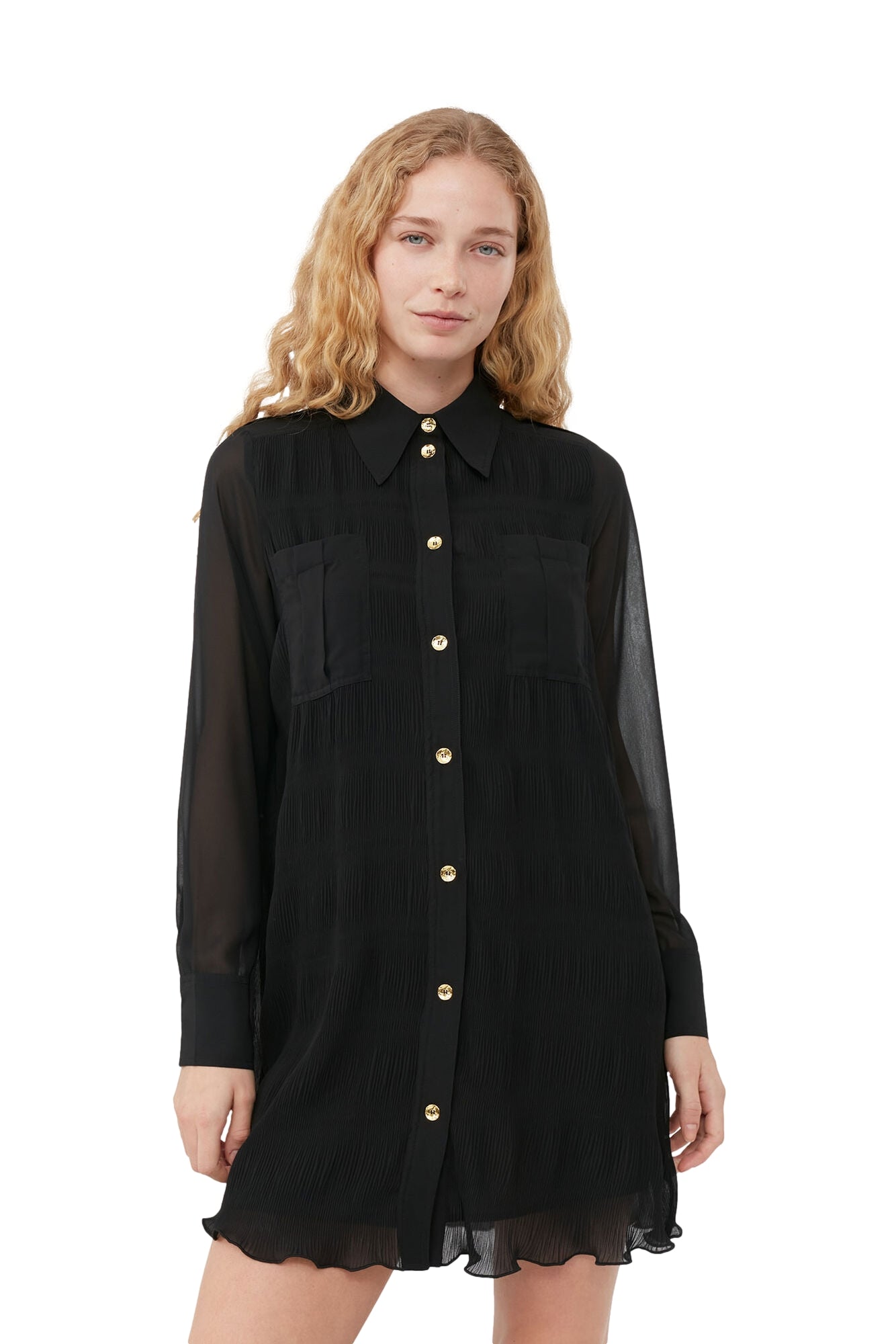 Ganni Pleated Georgette Shirt Dress Kjole Sort - [modostore.no]