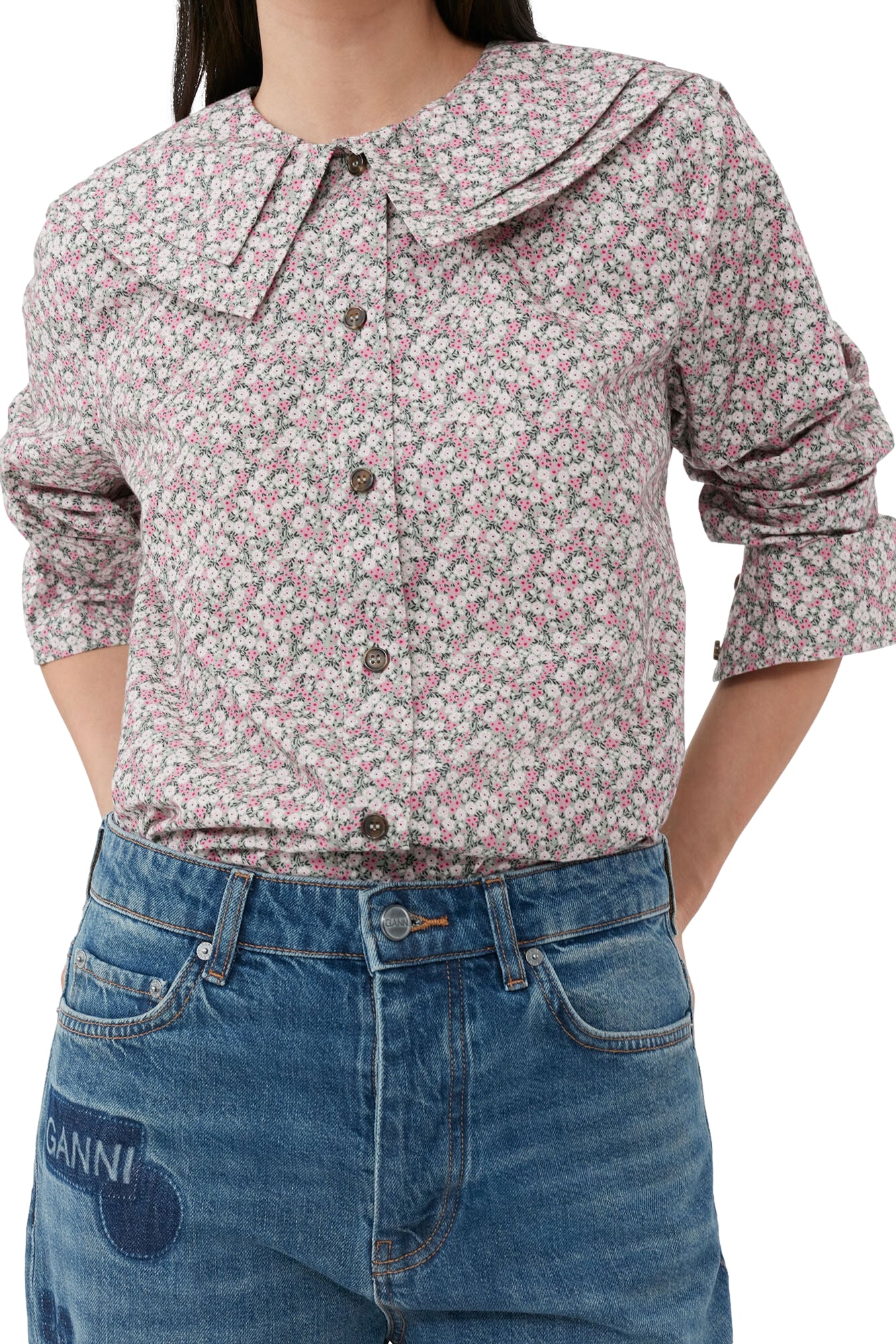 Ganni Printed Cotton Double-Collar Shirt Skjorte Rosa Mønster - [modostore.no]