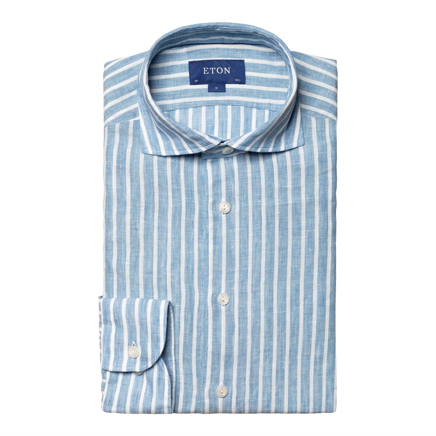 Eton Mid Blue Striped Linen Shirt Skjorte Stripet Mørkeblå - [shop.name]